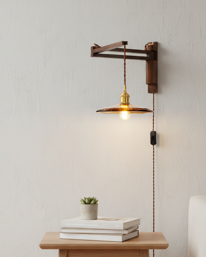 Swing-Arm Sconce with Wood & Brass Construction – Adjustable Directional Lighting for Bedroom, Reading Nook, Hallway – Multiple Shade Styles