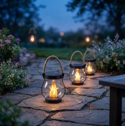 Rechargeable Flickering Flame Lantern for Outdoor Spaces — Cordless LED Pathway Light with Auto Dusk Sensor & Braided Handle for Patio, Deck