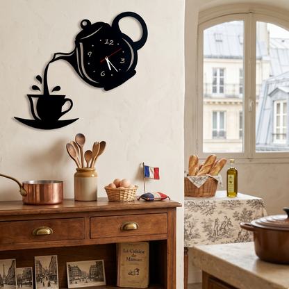 Horloge murale théière Marova - Acrylique miroir 3D, design à quartz silencieux
