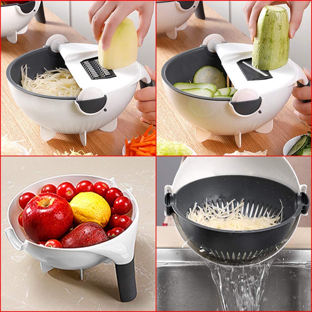 Vegetable Chopper Dicer with Drain Bowl All-in-One Slicer Grater Julienne Cutter for Salad Meal Prep Kitchen Tool Set Stainless Steel Blades