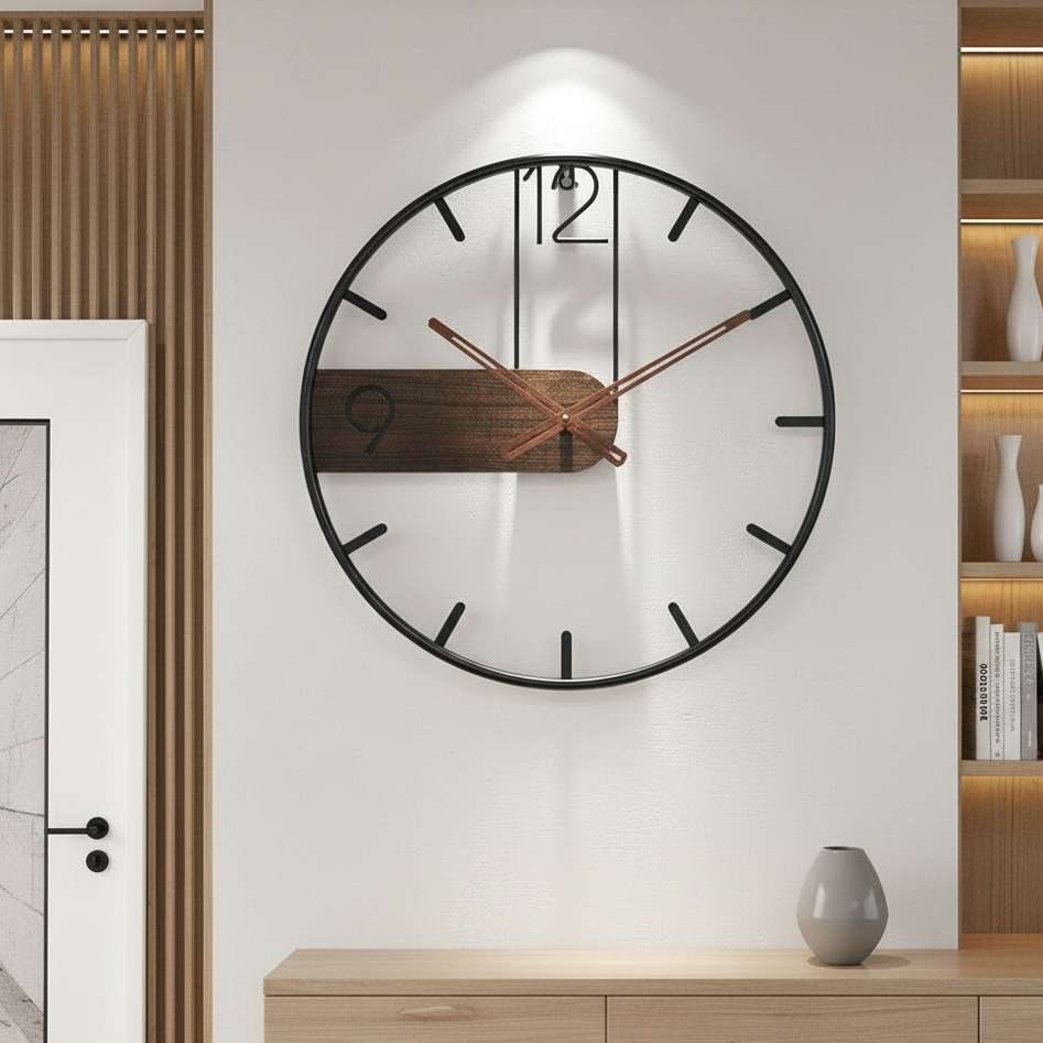 Quiet Wood & Metal Wall Clock | Round Timepiece 16-20 Inch | Battery Operated Silent Sweep for Bedroom Office Kitchen Living Room Decor