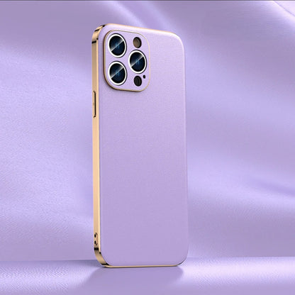 Premium Cowhide Leather iPhone Case with Metallic Frame Edge Protection for iPhone 12 13 14 15 16 17 Pro Max