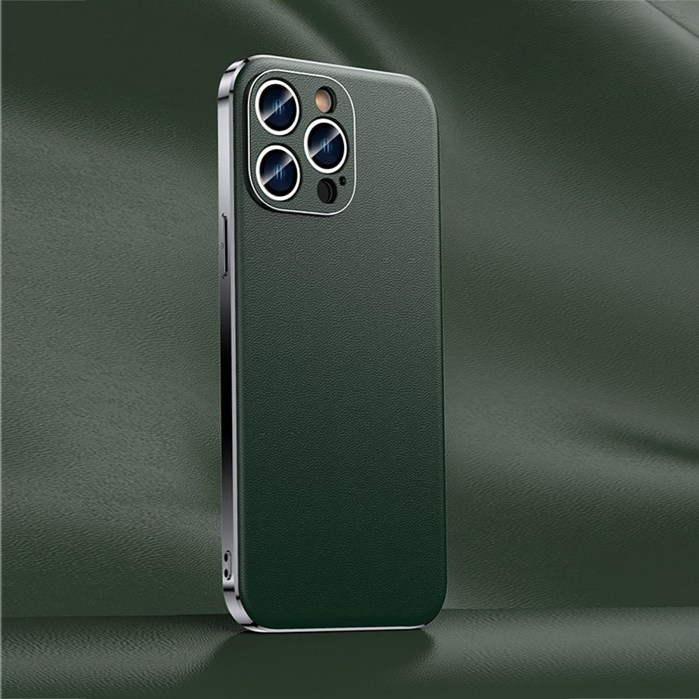 Premium Cowhide Leather iPhone Case with Metallic Frame Edge Protection for iPhone 12 13 14 15 16 17 Pro Max