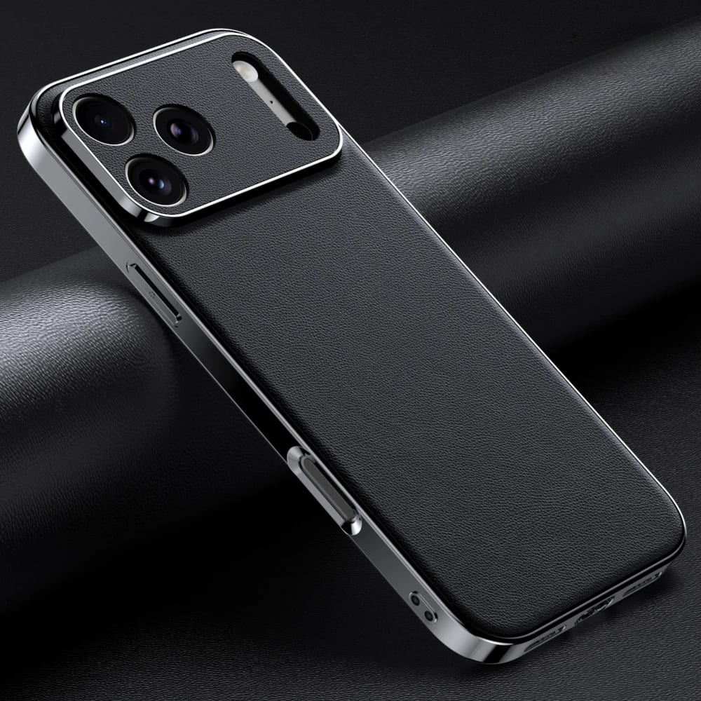 Premium Cowhide Leather iPhone Case with Metallic Frame Edge Protection for iPhone 12 13 14 15 16 17 Pro Max