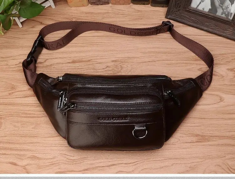 Genuine Leather Crossbody Bag, Cowhide Leather Waist Bag for Men, Adjustable Leather Shoulder Bag for Travel