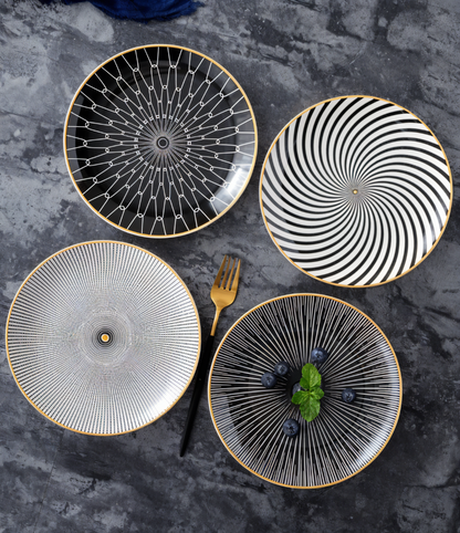Dinner Plate Set 10 Inch Monochrome Pattern Gold Edge Fine China Dishware for Kitchen Table Modern Black White Serving Plates Dining Room De