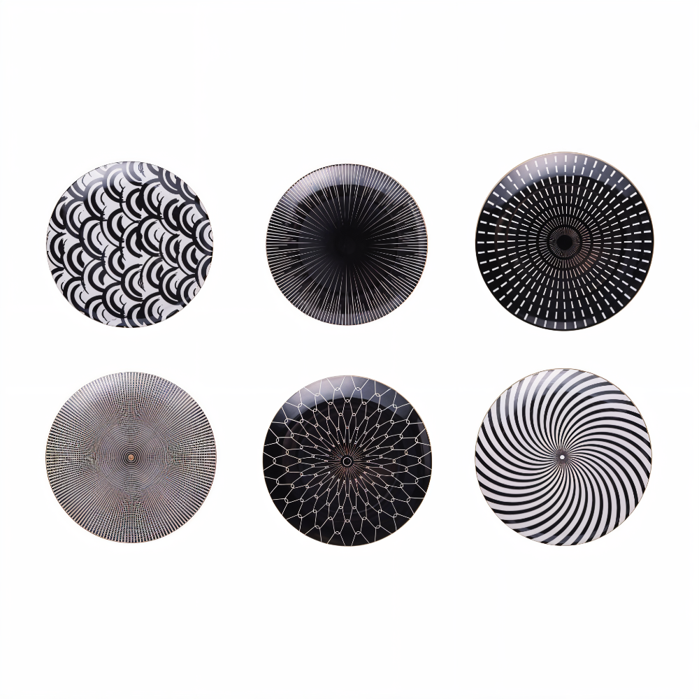 Dinner Plate Set 10 Inch Monochrome Pattern Gold Edge Fine China Dishware for Kitchen Table Modern Black White Serving Plates Dining Room De
