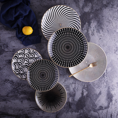 Dinner Plate Set 10 Inch Monochrome Pattern Gold Edge Fine China Dishware for Kitchen Table Modern Black White Serving Plates Dining Room De
