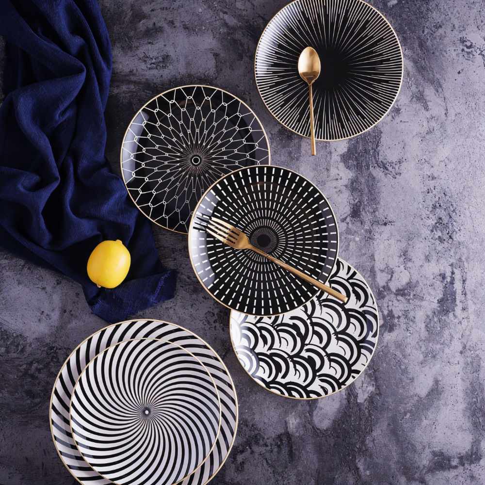 Dinner Plate Set 10 Inch Monochrome Pattern Gold Edge Fine China Dishware for Kitchen Table Modern Black White Serving Plates Dining Room De