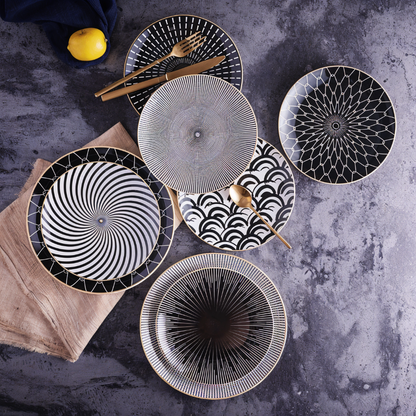 Dinner Plate Set 10 Inch Monochrome Pattern Gold Edge Fine China Dishware for Kitchen Table Modern Black White Serving Plates Dining Room De