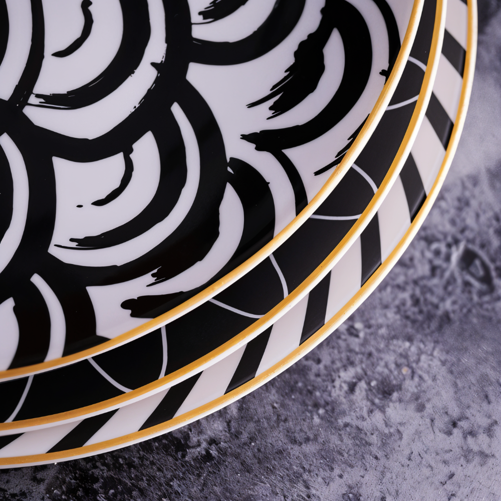 Dinner Plate Set 10 Inch Monochrome Pattern Gold Edge Fine China Dishware for Kitchen Table Modern Black White Serving Plates Dining Room De