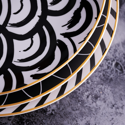 Dinner Plate Set 10 Inch Monochrome Pattern Gold Edge Fine China Dishware for Kitchen Table Modern Black White Serving Plates Dining Room De