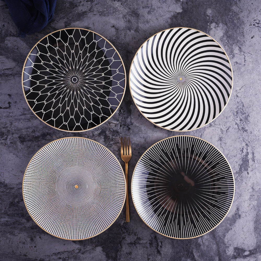 Dinner Plate Set 10 Inch Monochrome Pattern Gold Edge Fine China Dishware for Kitchen Table Modern Black White Serving Plates Dining Room De