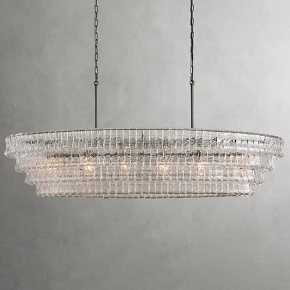 Oval Statement Chandelier Steel Frame Curved Glass Panels Adjustable Drop 5 or 12 Bulbs Dining Room Foyer