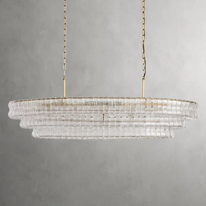 Oval Statement Chandelier Steel Frame Curved Glass Panels Adjustable Drop 5 or 12 Bulbs Dining Room Foyer