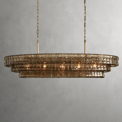 Oval Statement Chandelier Steel Frame Curved Glass Panels Adjustable Drop 5 or 12 Bulbs Dining Room Foyer