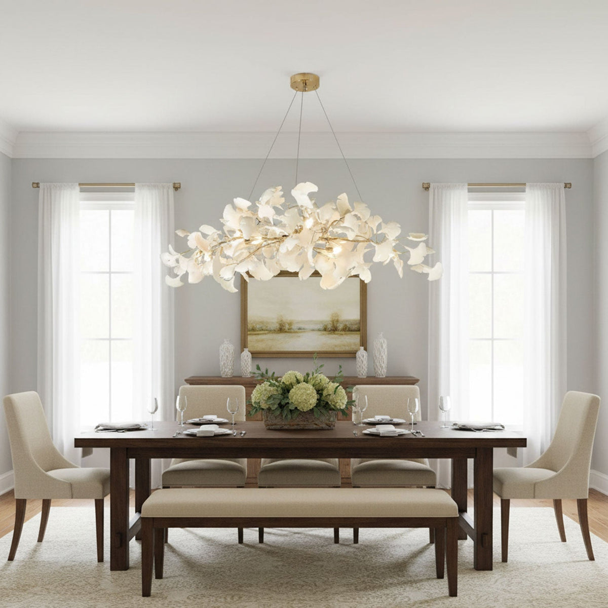 Handcrafted Porcelain Leaf Ceiling Fixture with Flexible Branches Gold White 70 in Statement Overhead Lighting for Dining Room Entryway Livi