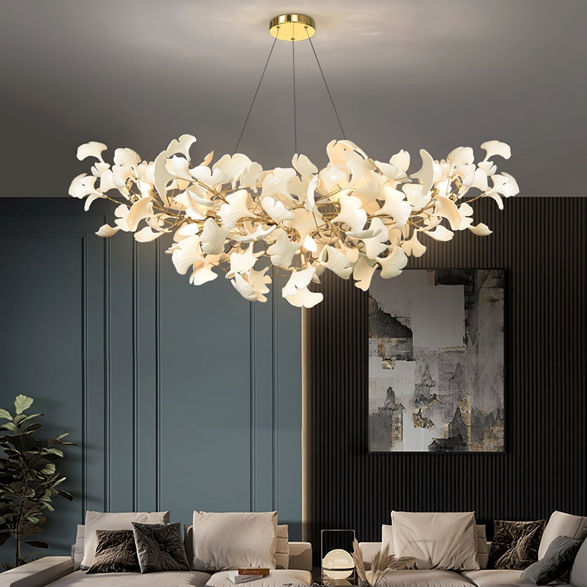 Ceramic Leaf Chandelier with Adjustable Height LED – Modern Organic Hanging Light for Dining Room, Kitchen Island & Living Room