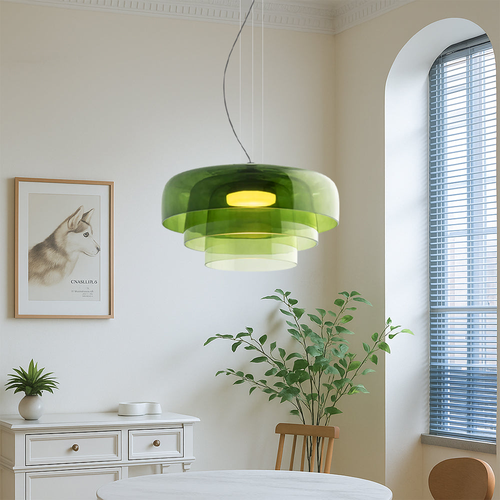Hand-Blown Glass Dome Ceiling Light 16.5 in Adjustable Height Green Overhead Fixture for Dining Room Kitchen Island Modern Sculptural Ambien