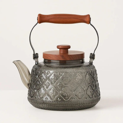 Clear Glass Tea Pot with Removable Strainer & Wood Grip 34 oz Capacity Heat-Resistant Loose Tea Server for Herbal Green Black Oolong Daily B