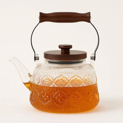 Clear Glass Tea Pot with Removable Strainer & Wood Grip 34 oz Capacity Heat-Resistant Loose Tea Server for Herbal Green Black Oolong Daily B