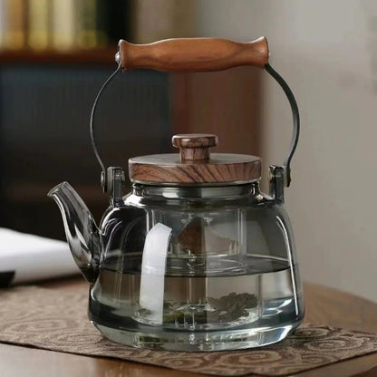 Clear Glass Tea Pot with Removable Strainer & Wood Grip 34 oz Capacity Heat-Resistant Loose Tea Server for Herbal Green Black Oolong Daily B