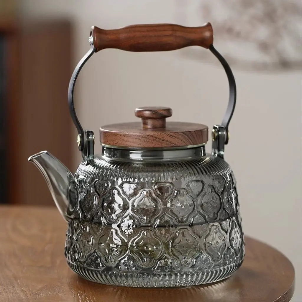 Clear Glass Tea Pot with Removable Strainer & Wood Grip 34 oz Capacity Heat-Resistant Loose Tea Server for Herbal Green Black Oolong Daily B