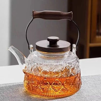 Clear Glass Tea Pot with Removable Strainer & Wood Grip 34 oz Capacity Heat-Resistant Loose Tea Server for Herbal Green Black Oolong Daily B
