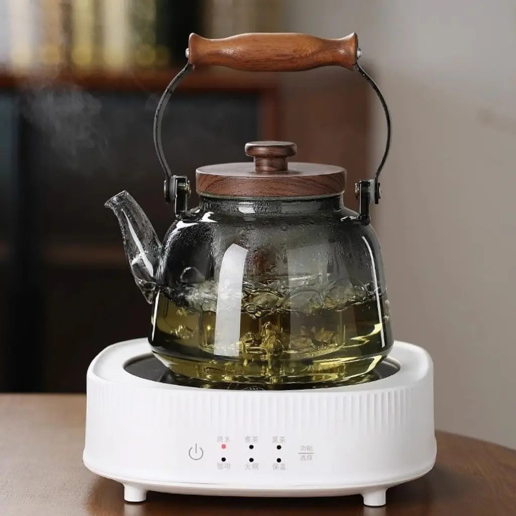Clear Glass Tea Pot with Removable Strainer & Wood Grip 34 oz Capacity Heat-Resistant Loose Tea Server for Herbal Green Black Oolong Daily B