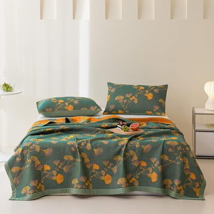 Glenna Coverlet - Reversible Jacquard Floral Cotton Blend, Green and yellow
