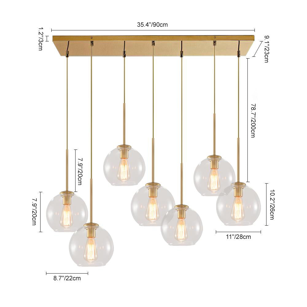 Seven-Globe Hanging Light with Adjustable Height Cords for Kitchen Island & Dining Table, Clear Glass Spheres, 35-Inch Canopy, E26 Base, Dim
