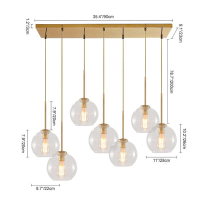 Seven-Globe Hanging Light with Adjustable Height Cords for Kitchen Island & Dining Table, Clear Glass Spheres, 35-Inch Canopy, E26 Base, Dim