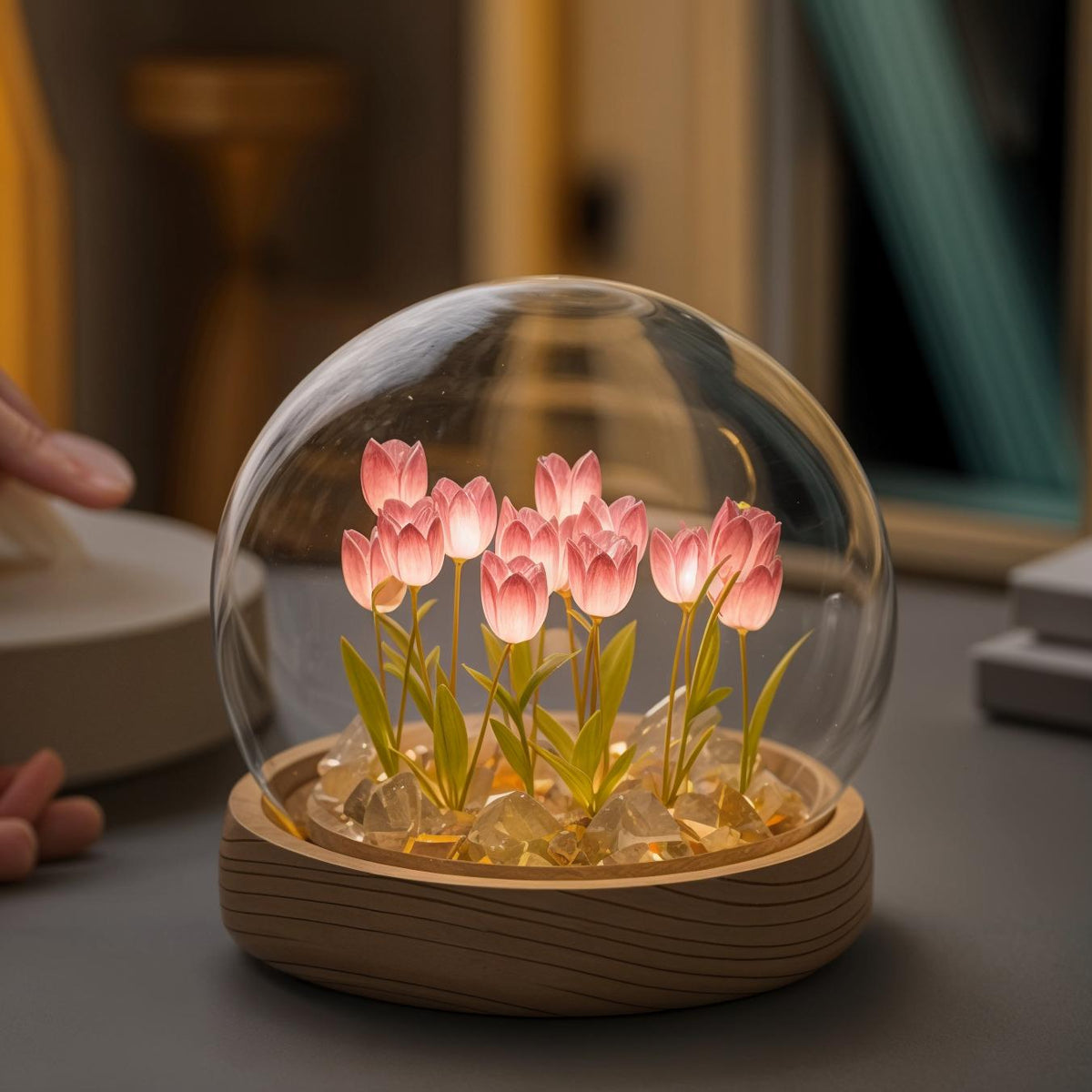 LED Tulip Dome Light DIY Craft Kit with Glass Globe 13 Flowers Battery Operated Table Accent Lamp for Bedroom Living Room Nightstand Decor