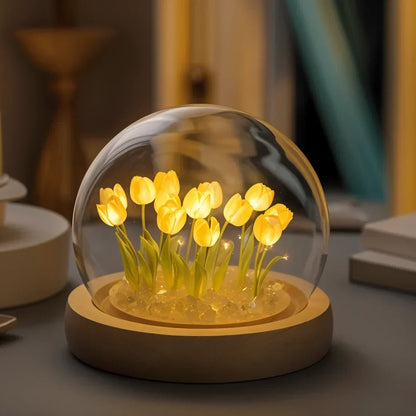 LED Tulip Dome Light DIY Craft Kit with Glass Globe 13 Flowers Battery Operated Table Accent Lamp for Bedroom Living Room Nightstand Decor