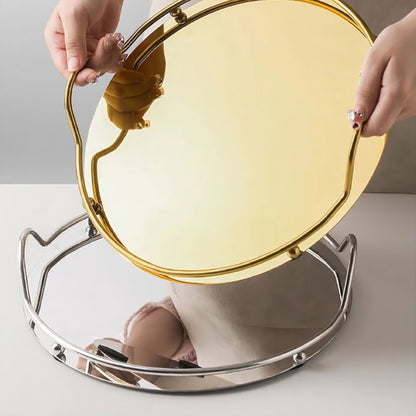 Plateau miroir doré avec cadre en métal et poignées décoratives pour l'organisation de la salle de bain et de la coiffeuse