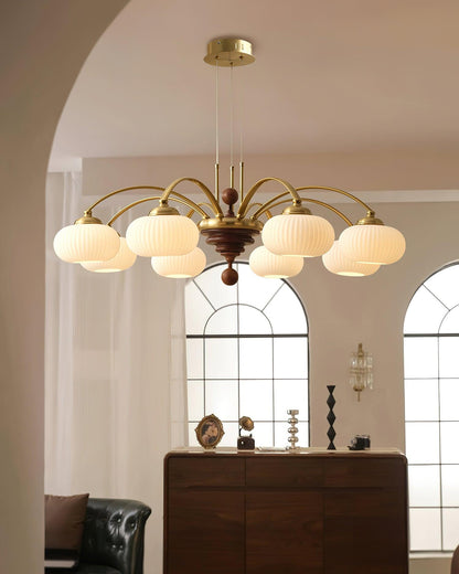 Multi-Light Wood & Glass Statement Fixture for Dining Rooms | Mixed Material Ceiling Light with Ribbed Shades | Modern Ambient Overhead Ligh