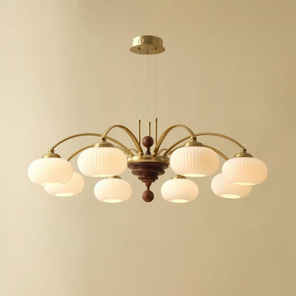 Multi-Light Wood & Glass Statement Fixture for Dining Rooms | Mixed Material Ceiling Light with Ribbed Shades | Modern Ambient Overhead Ligh