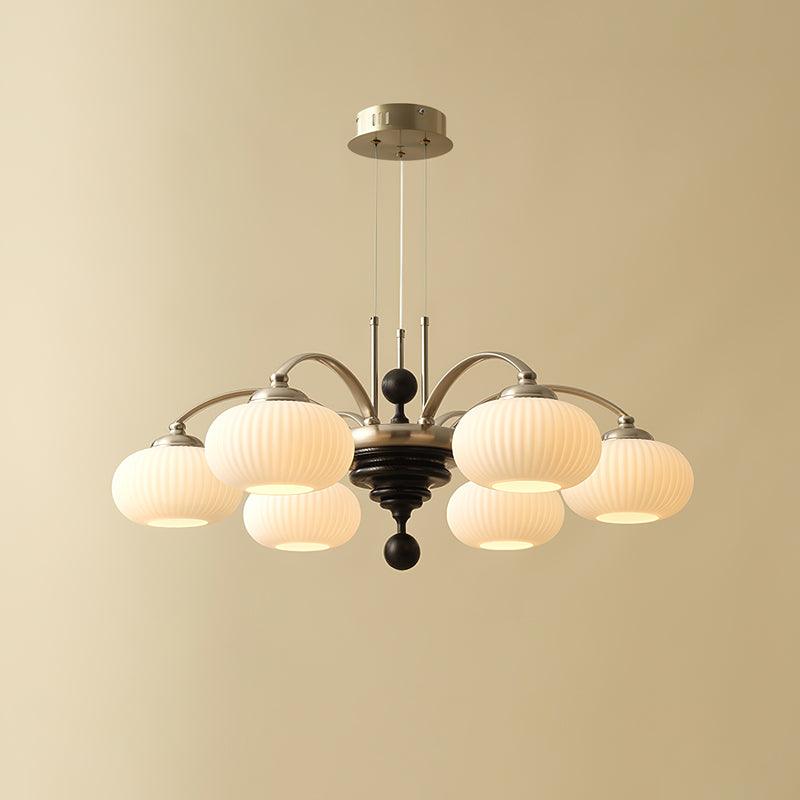 Multi-Light Wood & Glass Statement Fixture for Dining Rooms | Mixed Material Ceiling Light with Ribbed Shades | Modern Ambient Overhead Ligh