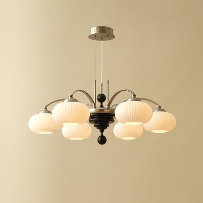 Multi-Light Wood & Glass Statement Fixture for Dining Rooms | Mixed Material Ceiling Light with Ribbed Shades | Modern Ambient Overhead Ligh