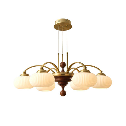 Multi-Light Wood & Glass Statement Fixture for Dining Rooms | Mixed Material Ceiling Light with Ribbed Shades | Modern Ambient Overhead Ligh