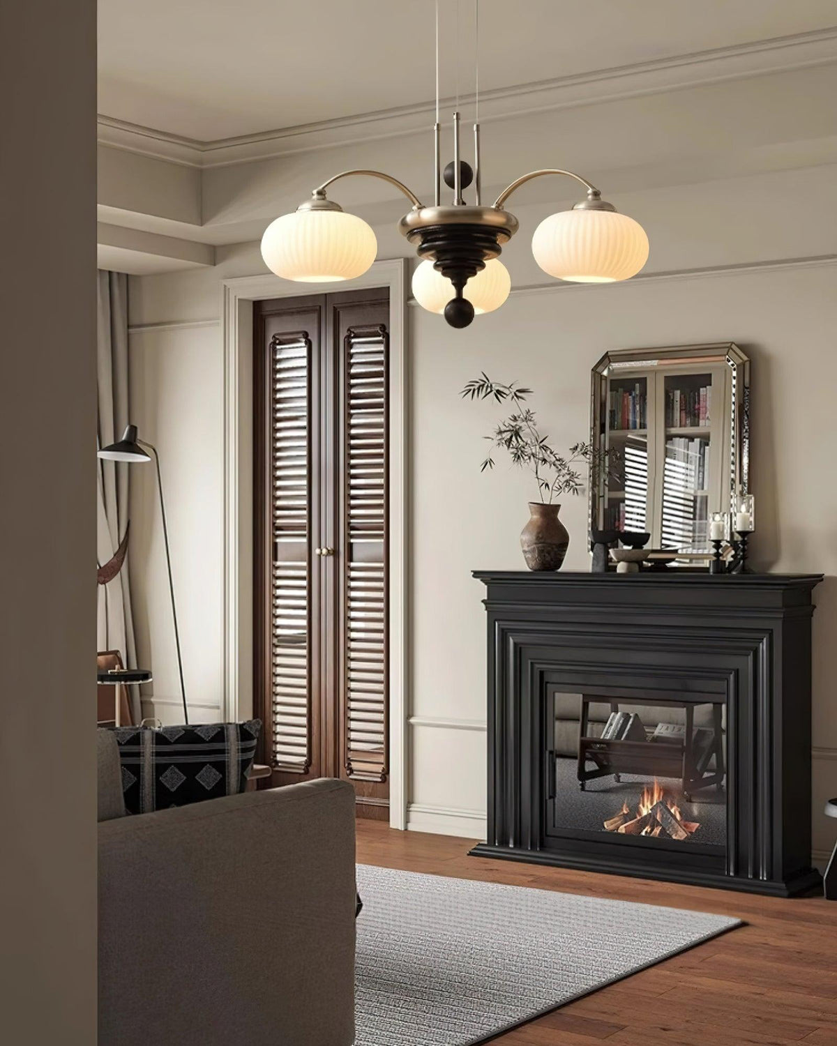 Multi-Light Wood & Glass Statement Fixture for Dining Rooms | Mixed Material Ceiling Light with Ribbed Shades | Modern Ambient Overhead Ligh