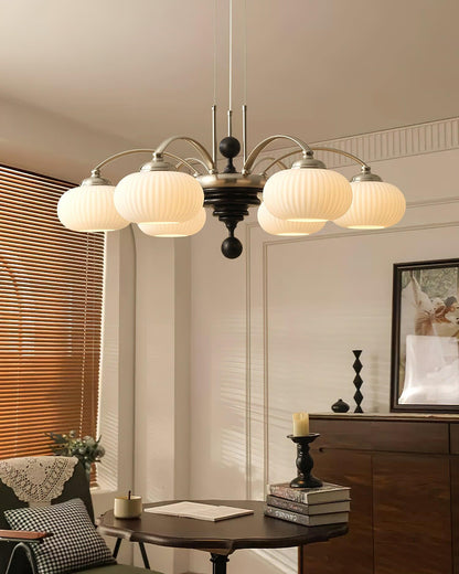 Multi-Light Wood & Glass Statement Fixture for Dining Rooms | Mixed Material Ceiling Light with Ribbed Shades | Modern Ambient Overhead Ligh