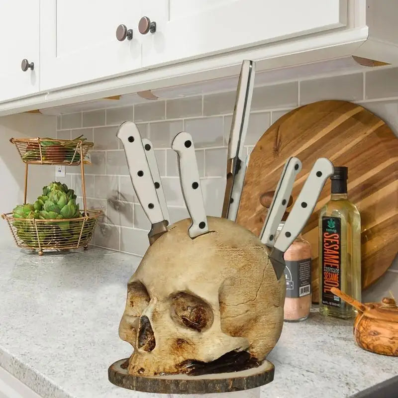 Gothic Culinary | Skull Knife Holder with Hand-Painted Design | Unique Storage Solution for Kitchen Decor