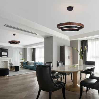 Dual-Ring LED Overhead Fixture Walnut & Black Finish Contemporary Dining Room Suspended Lighting 24-40 Inch Ceiling Mount