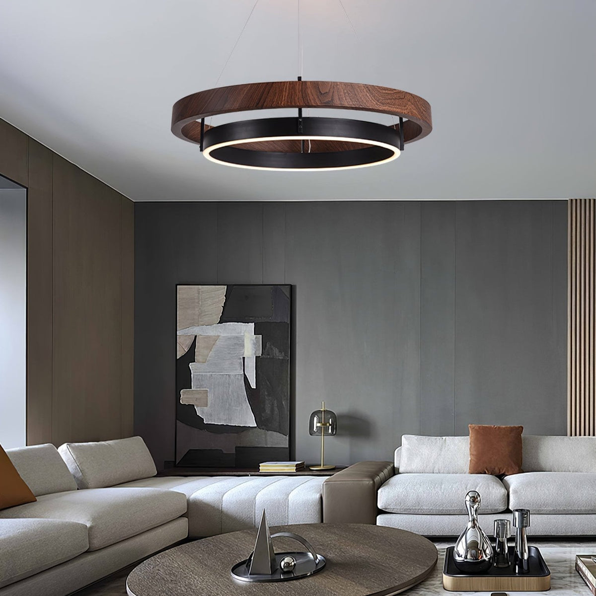 Dual-Ring LED Overhead Fixture Walnut & Black Finish Contemporary Dining Room Suspended Lighting 24-40 Inch Ceiling Mount