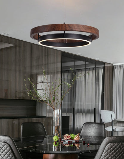 Dual-Ring LED Overhead Fixture Walnut & Black Finish Contemporary Dining Room Suspended Lighting 24-40 Inch Ceiling Mount