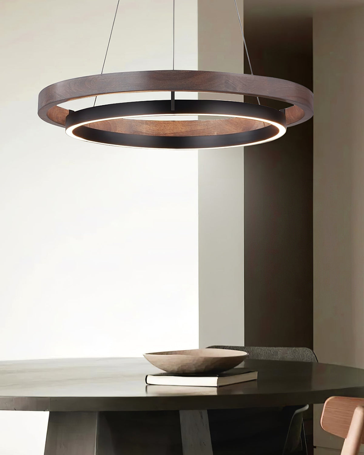 Dual-Ring LED Overhead Fixture Walnut & Black Finish Contemporary Dining Room Suspended Lighting 24-40 Inch Ceiling Mount