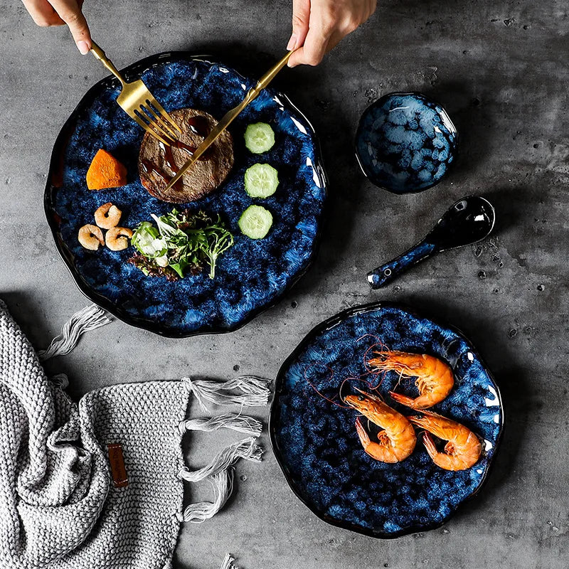 Service de vaisselle en céramique, ensemble de 10 pièces au motif bleu céleste pour dîners de famille, repas décontractés, réceptions formelles, indispensable de cuisine