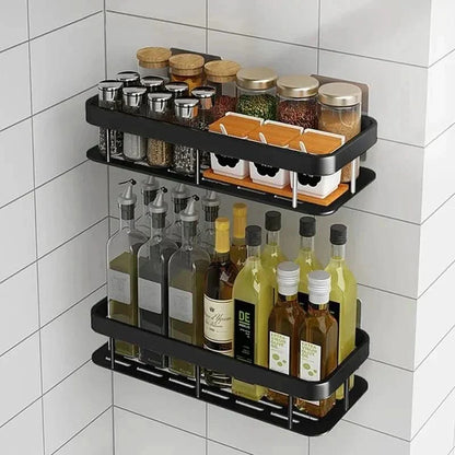 Organisateur de douche d'angle adhésif à montage mural – Étagère de rangement étanche sans perçage pour salle de bain, toilettes et lavabo – ABS et acier en noir ou argent
