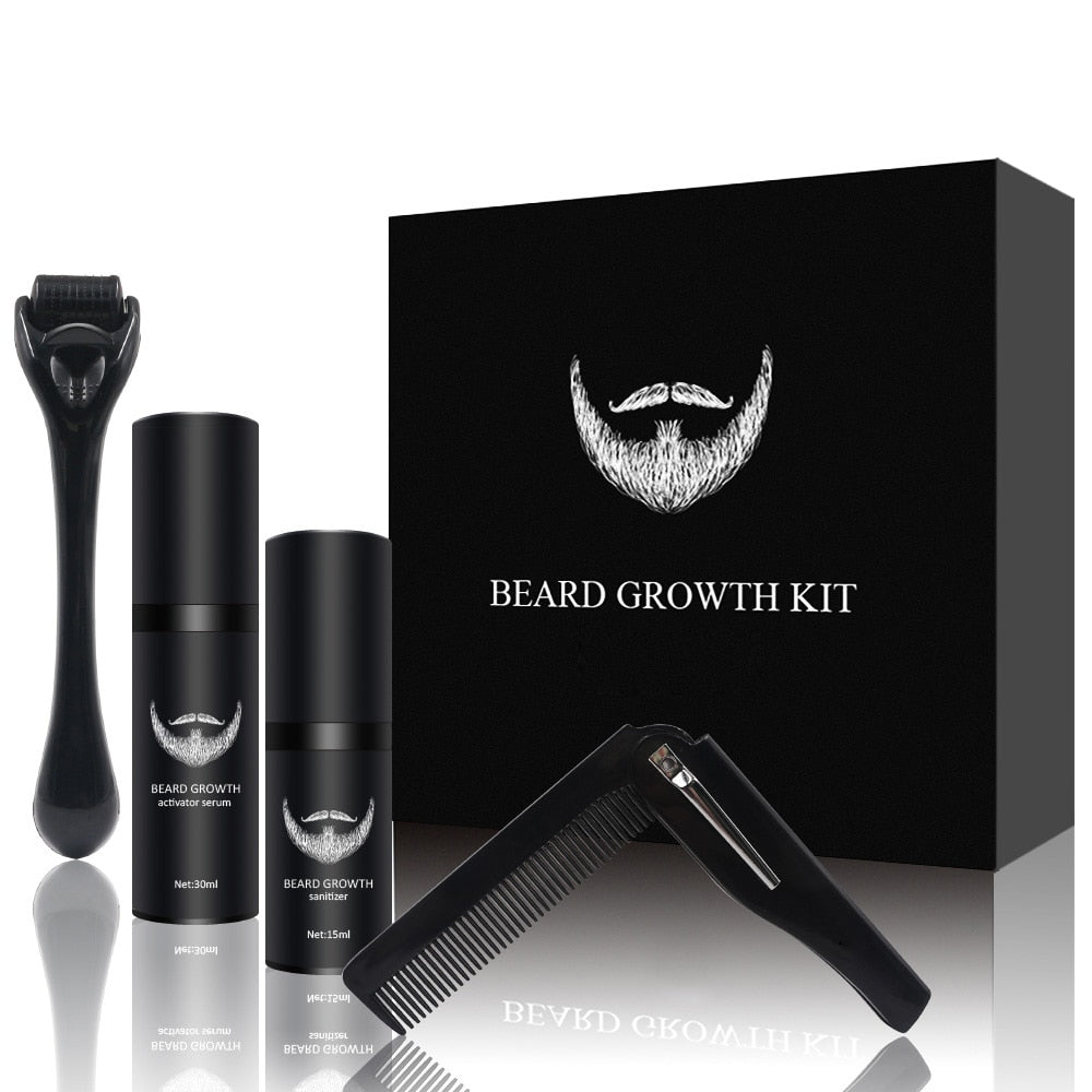 Facial Hair Growth System with Derma Roller & Natural Serum for Fuller Beard Development